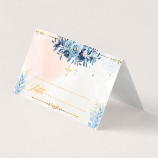 Blue Waterverf Modern Boy Dopen Place Card Kaart