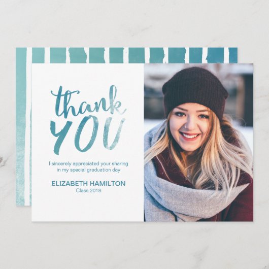 Blue Waterverf Modern Script Afstudeerder Dank u F Bedankkaart (Voorkant / Achterkant)