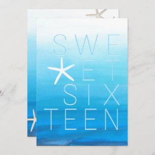 Blue Waterverf Modern Sweet 16 Beach Party Kaart