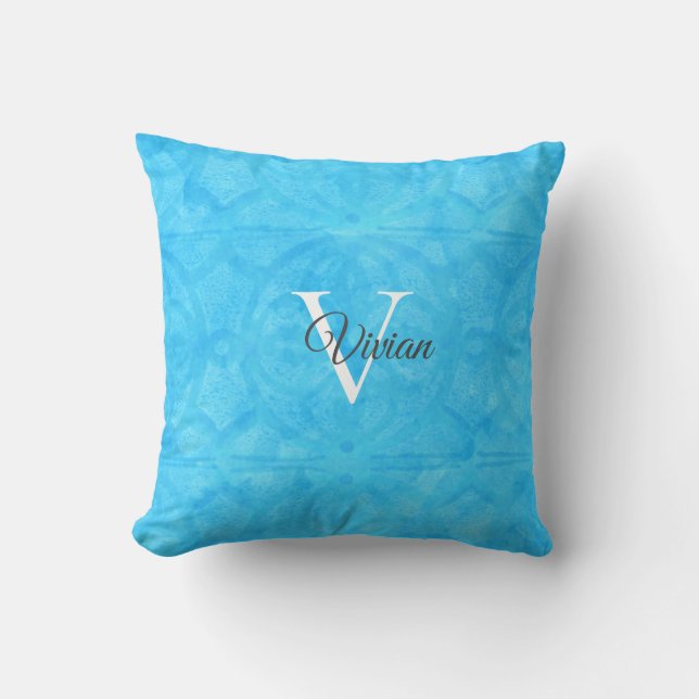 Blue Waterverf Monogram Name Sierkussen (Voorkant)