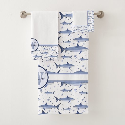 Blue Waterverf Monogram Shark Marine Life Zee Bad Handdoek (Insitu)