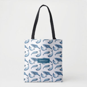 Blue Waterverf Monogrammed Whale and Narwhal Tote Bag