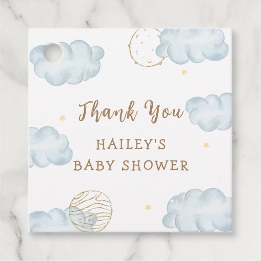 Blue Waterverf Moon Star Cloud Boy Baby shower Bedankjes Labels (Voorkant)