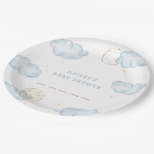 Blue Waterverf Moon Star Cloud Boy Baby shower Papieren Bordje (Gekanteld)