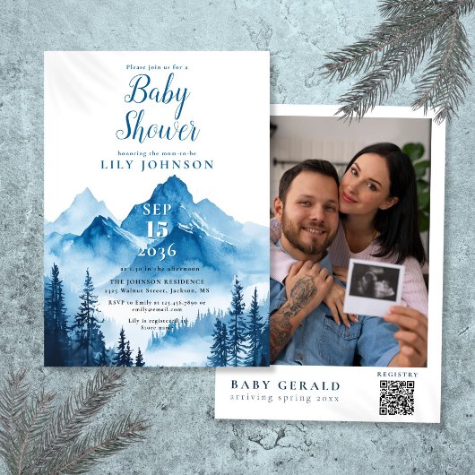 Blue Waterverf Mountain Baby shower Foto QR-code Kaart