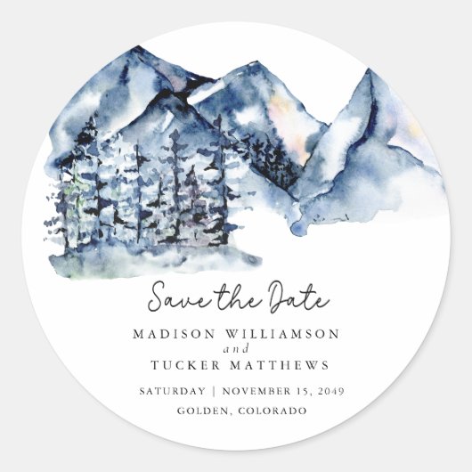 Blue Waterverf Mountain Rustic Boho Save the Date Ronde Sticker (Voorkant)
