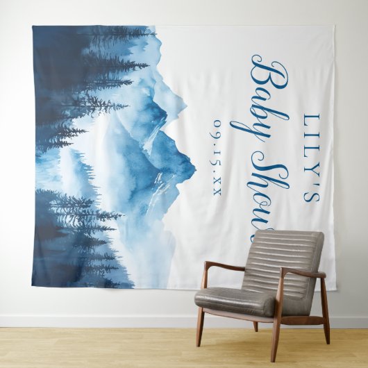 Blue Waterverf Mountains Baby shower achtergrond Wandkleed (In Situ (horizontaal))