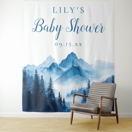 Blue Waterverf Mountains Baby shower achtergrond Wandkleed (In situ)