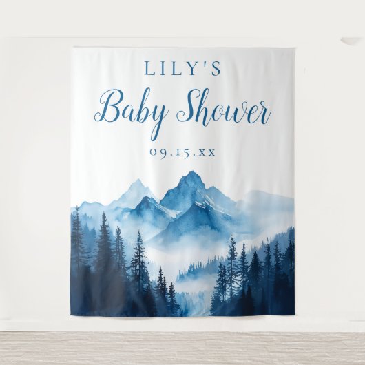 Blue Waterverf Mountains Baby shower achtergrond Wandkleed (Voorkant)