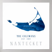 Blue Waterverf Nantucket Map Familie opgericht Poster (Voorkant)