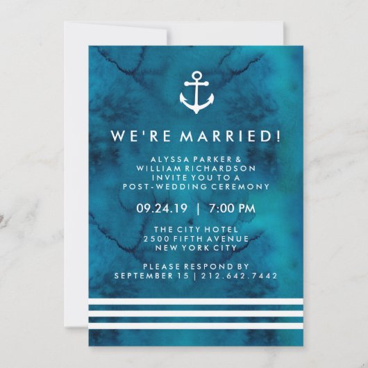 Blue Waterverf Nautical Post Wedding Ceremonie Kaart (Voorkant)