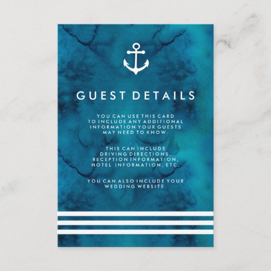 Blue Waterverf Nautical Wedding Gastinformatie Informatiekaartje (Voorkant)