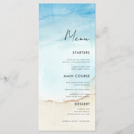 Blue Waterverf Ocean Beach Sand Weddenrennen Menu (Voorkant)