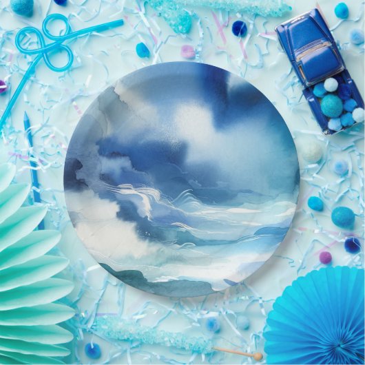 Blue Waterverf Ocean Water Waves Verjaardagsfeest Papieren Bordje (Feest)