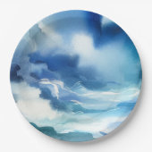 Blue Waterverf Ocean Water Waves Verjaardagsfeest Papieren Bordje (Voorkant)