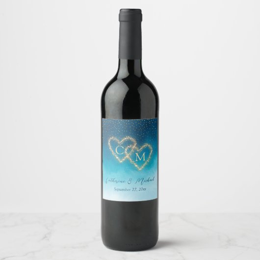 Blue Waterverf Ombre Monogrammed Wijn Etiket (Voorkant)