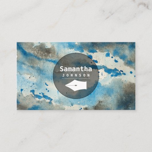 Blue Waterverf Pen Nib Professional Writer Author Visitekaartje (Voorkant)