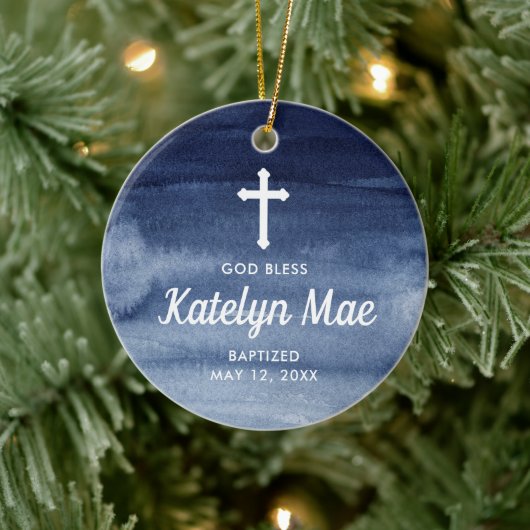 Blue Waterverf Personalized Baptism Christening Keramisch Ornament (Boom)