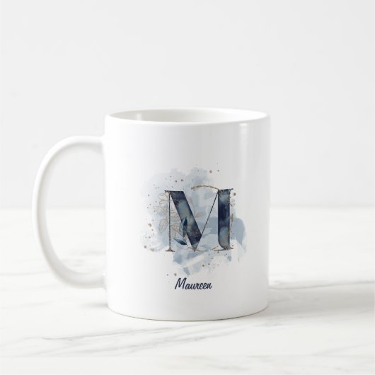 Blue Waterverf Personalized Name Letter Initiaal M Koffiemok (Links)