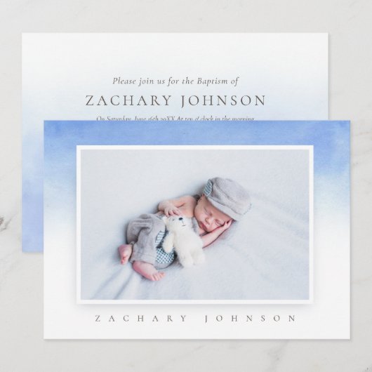 Blue Waterverf Photo Baptism Party Invitation Kaart (Voorkant / Achterkant)