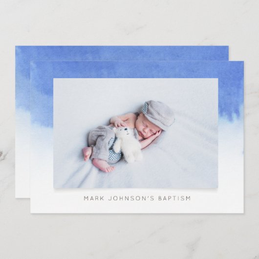 Blue Waterverf Photo Baptism Party Invitation Save The Date (Voorkant / Achterkant)