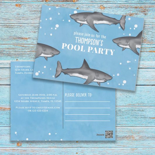 Blue Waterverf Pool Party Sharks Custom Briefkaart