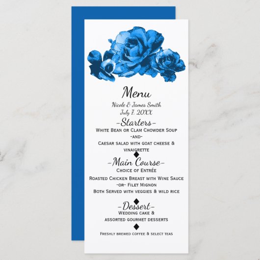 Blue Waterverf Rozen Elegant Wedding Menu (Voorkant / Achterkant)