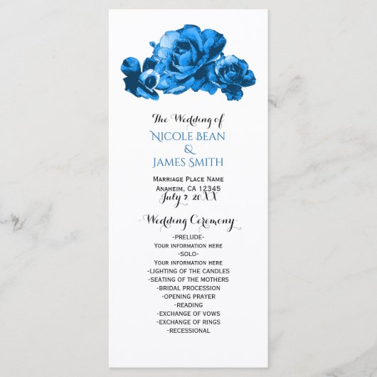 Blue Waterverf Rozen Elegant Wedding Programma Programmakaart (Voorkant)