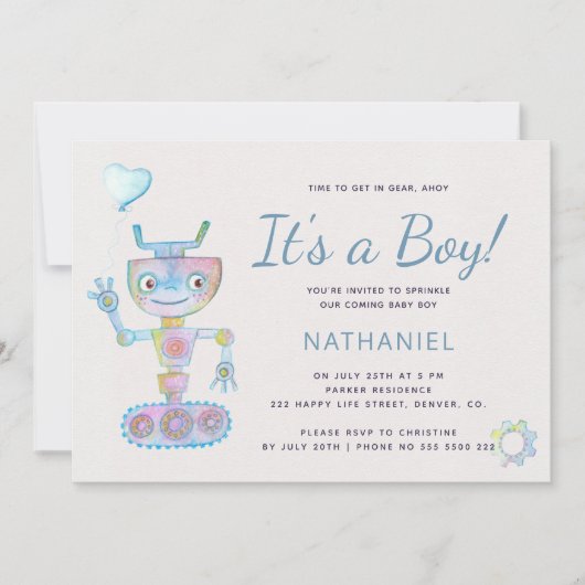 Blue waterverf schattige robot het is een baby sho kaart (Voorkant)