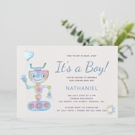 Blue waterverf schattige robot het is een baby sho kaart (Staand voorkant)