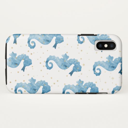 Blue Waterverf Seapaarden Pattern Gold Sparkles Case-Mate iPhone Case (Achterkant (horizontaal))