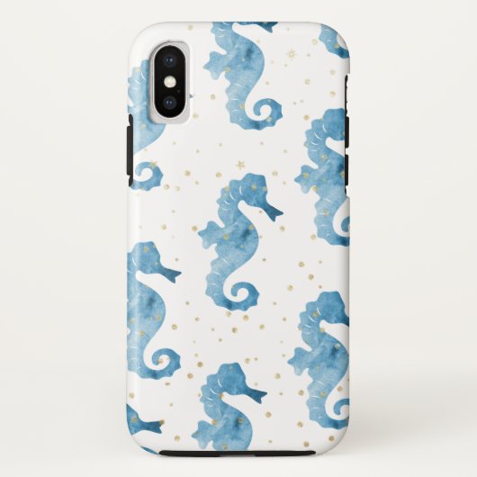 Blue Waterverf Seapaarden Pattern Gold Sparkles Case-Mate iPhone Case (Achterkant)