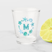 Blue Waterverf Seashells en Starfish Monogram Shot Glas (Voorkant)