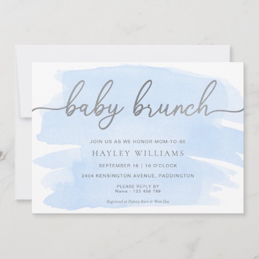 Blue Waterverf Silver Baby Brunch Uitnodiging (Voorkant)