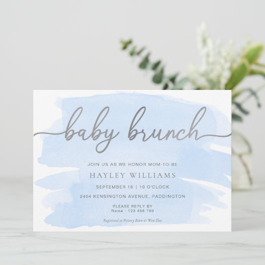 Blue Waterverf Silver Baby Brunch Uitnodiging (Staand voorkant)