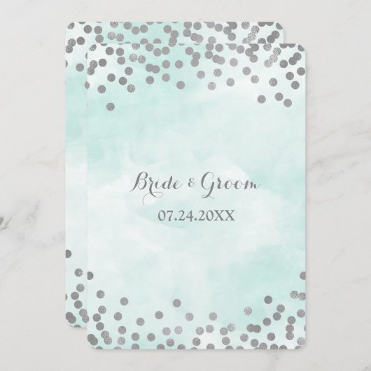 Blue Waterverf Silver Confetti Wedding Invites Kaart (Voorkant / Achterkant)