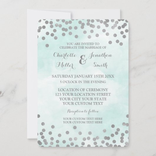 Blue Waterverf Silver Confetti Wedding Invites Kaart (Achterkant)