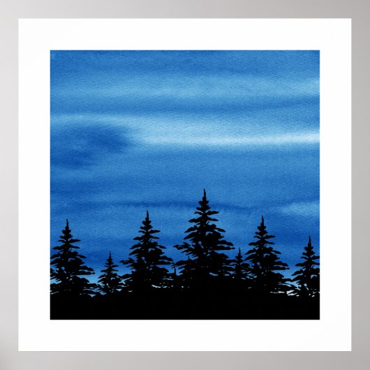 Blue Waterverf Sky & Trees Silhouette Poster (Voorkant)