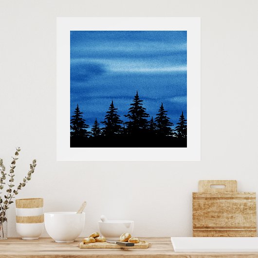 Blue Waterverf Sky & Trees Silhouette Poster (Keuken)