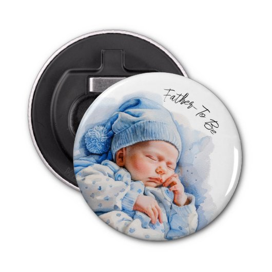 Blue Waterverf Sleeping Baby Boy Geslacht Onthulle Button Flesopener (Voorkant)