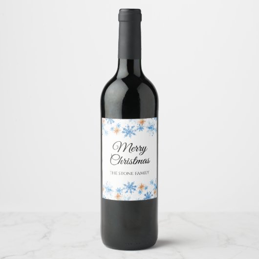 Blue Waterverf Snowflake Christmas Wine Label Wijn Etiket (Voorkant)