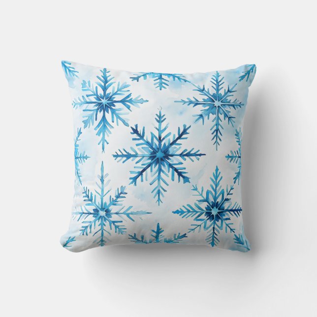 Blue Waterverf Snowflake Sierkussen (Voorkant)