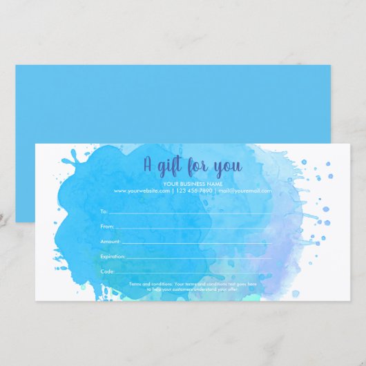 Blue Waterverf Splash Business Cadeaubon (Voorkant / Achterkant)