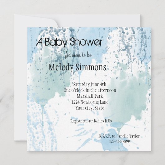 Blue Waterverf Splatter Abstract Baby shower Kaart (Achterkant)