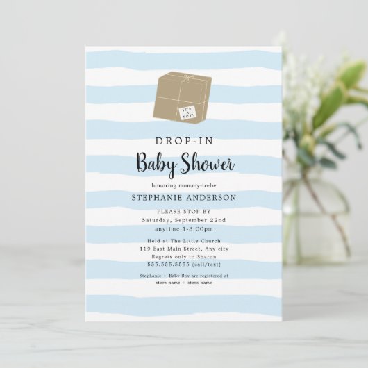 Blue Waterverf Stripe DROP-IN Boy Baby shower Kaart (Staand voorkant)