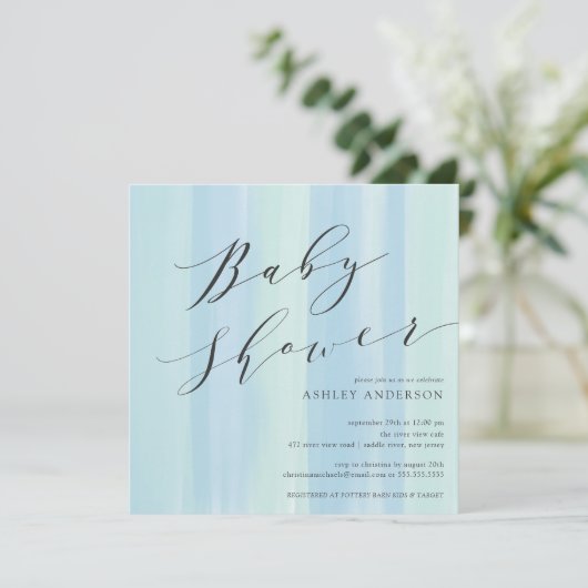 Blue Waterverf Stripes Baby shower Invitation Kaart (Staand voorkant)