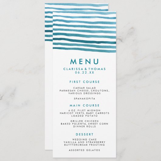 Blue Waterverf Stripes Menu Card (Voorkant / Achterkant)