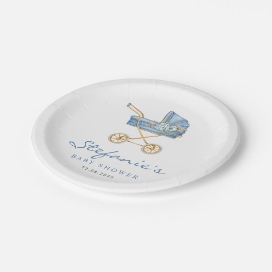 Blue Waterverf Stroller Het is een Boy Baby shower Papieren Bordje (Gekanteld)