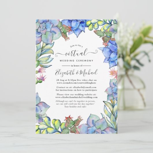 Blue Waterverf Succulents Online Virtual Wedding Kaart (Staand voorkant)