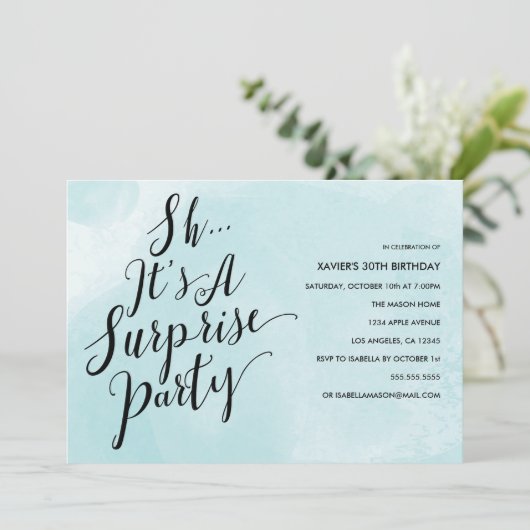 Blue Waterverf Surprise Party Invitation Kaart (Staand voorkant)